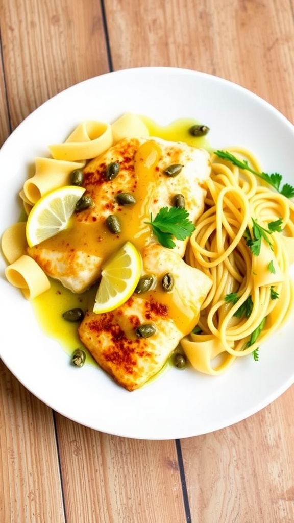 Tilapia fillets cooked in lemon garlic sauce with capers, garnished with parsley, served with pasta on a rustic table.